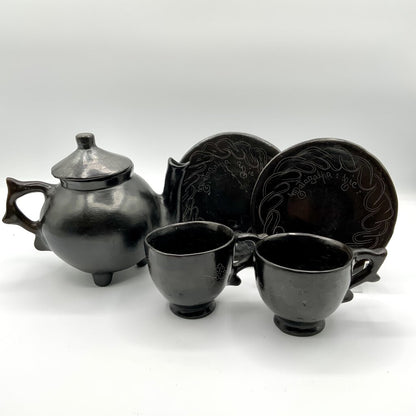 Black Clay Etched Tea Set /ah