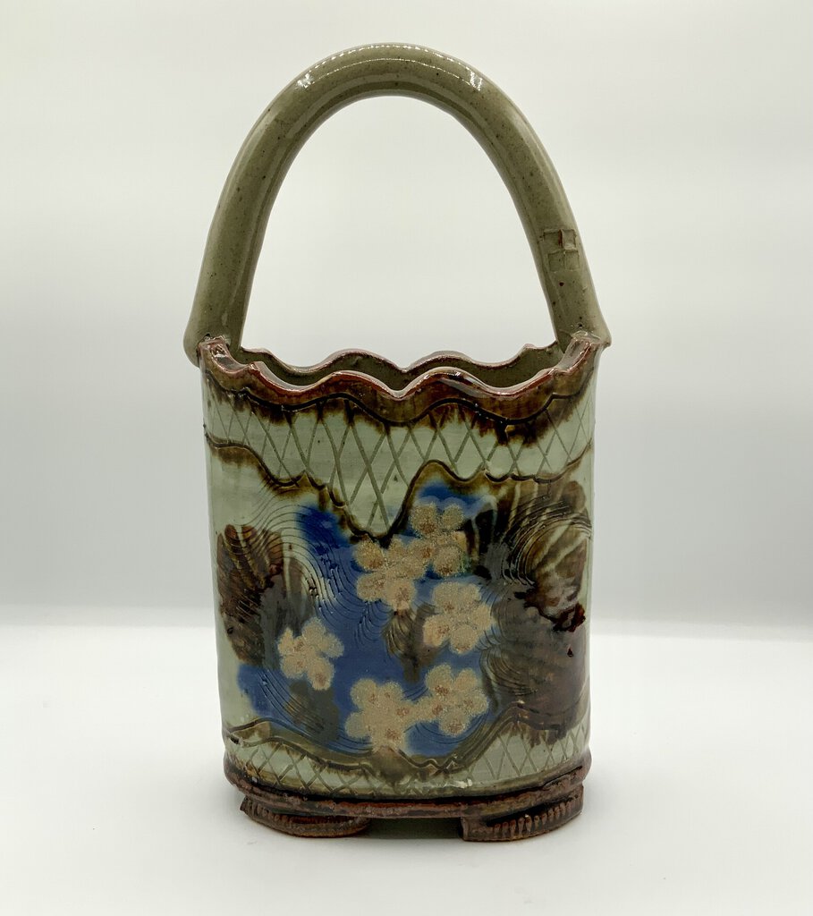 Studio Art Pottery Handled Basket Vase /ah