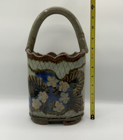 Studio Art Pottery Handled Basket Vase /ah