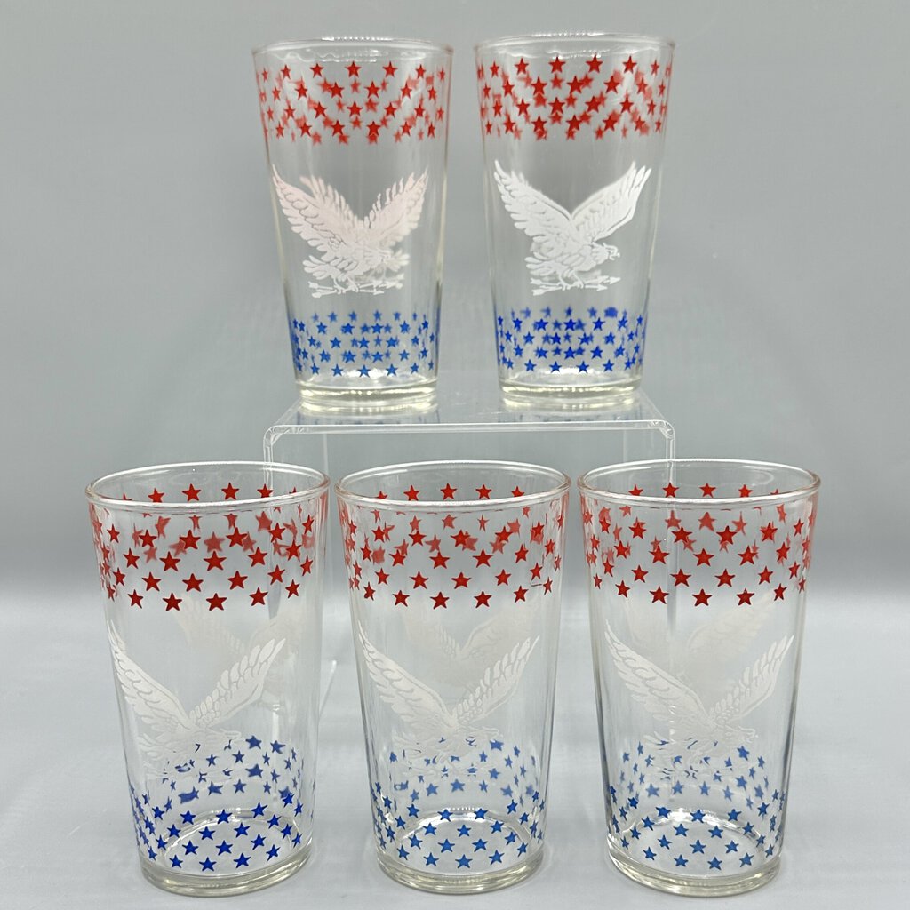 Set of 5 Vintage 10 oz Tumblers Red/Blue Stars White Soaring Eagle /cb