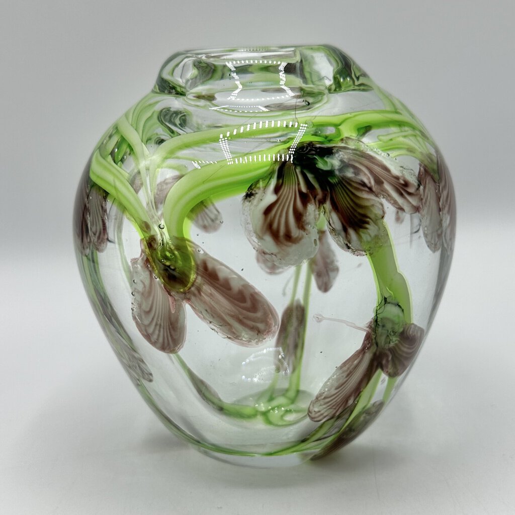 Vintage Heavy Hand Blown Paperweight/Art Glass Vase “Sweet Peas” /cb