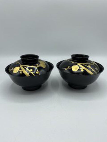 Vintage Japanese Black & Gold Lacquer Rice/Soup Bowls w/Lids Set of 2 /ro