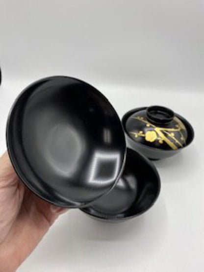 Vintage Japanese Black & Gold Lacquer Rice/Soup Bowls w/Lids Set of 2 /ro