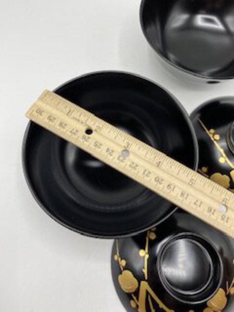 Vintage Japanese Black & Gold Lacquer Rice/Soup Bowls w/Lids Set of 2 /ro