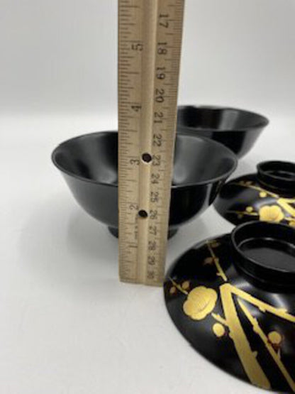 Vintage Japanese Black & Gold Lacquer Rice/Soup Bowls w/Lids Set of 2 /ro