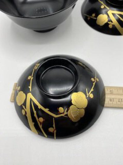 Vintage Japanese Black & Gold Lacquer Rice/Soup Bowls w/Lids Set of 2 /ro