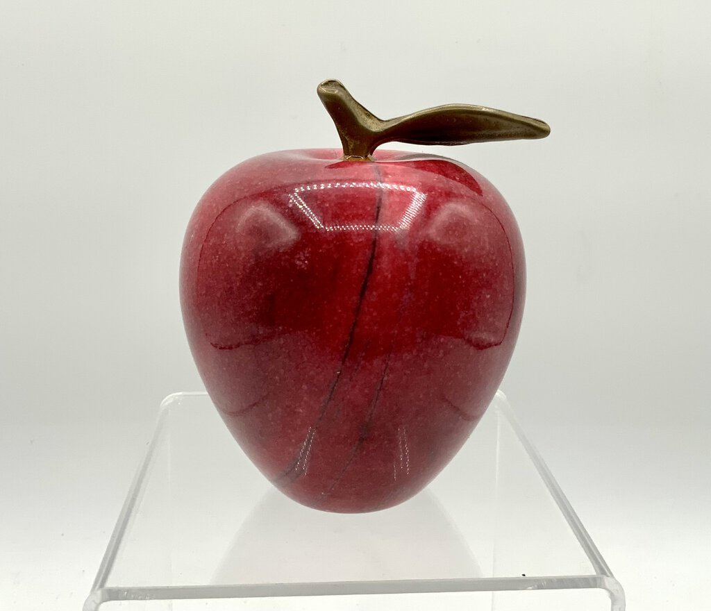 Vintage Red Marble Apple with Brass Leaf and Stem /ah