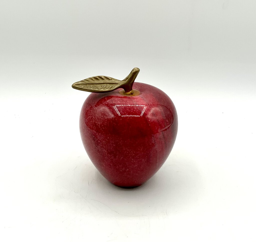 Vintage Red Marble Apple with Brass Leaf and Stem /ah