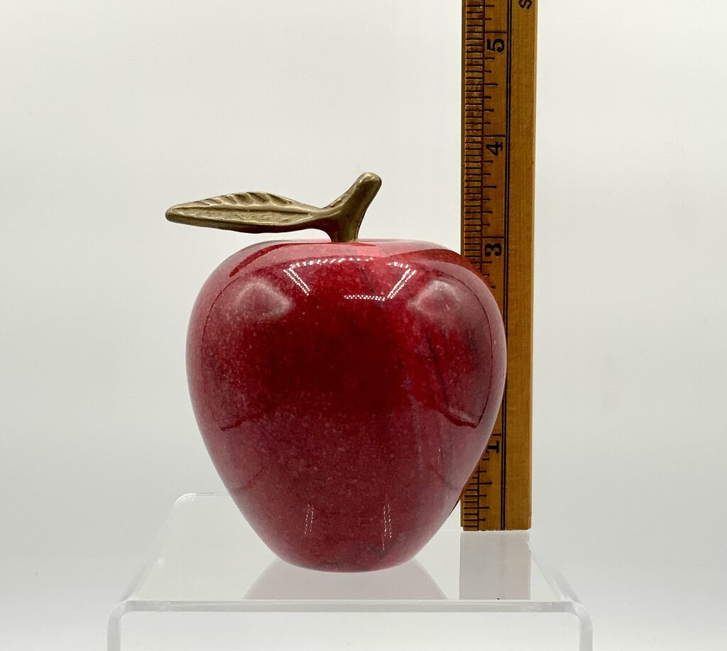 Vintage Red Marble Apple with Brass Leaf and Stem /ah