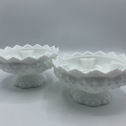 Vintage FENTON Hobnail Milk Glass Pedestal Candleholders Set of 2 /hge