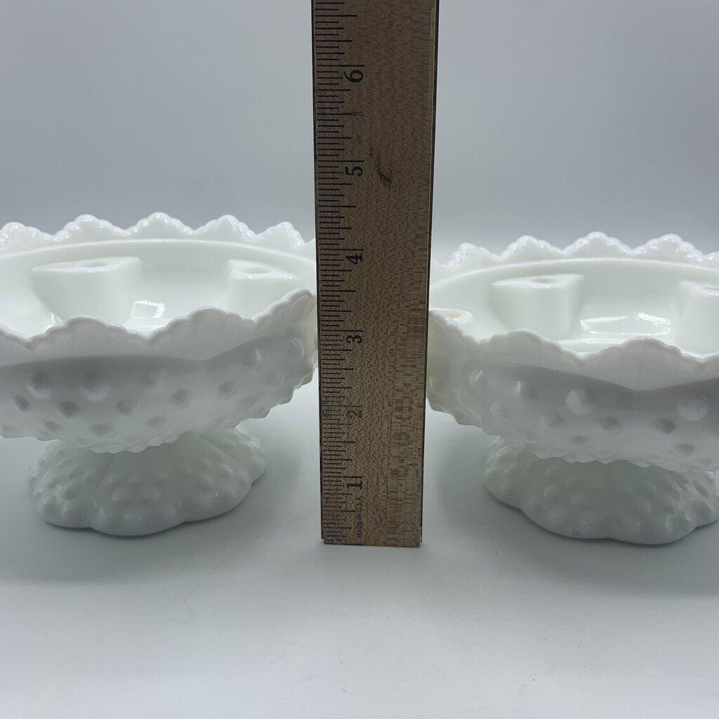 Vintage FENTON Hobnail Milk Glass Pedestal Candleholders Set of 2 /hge