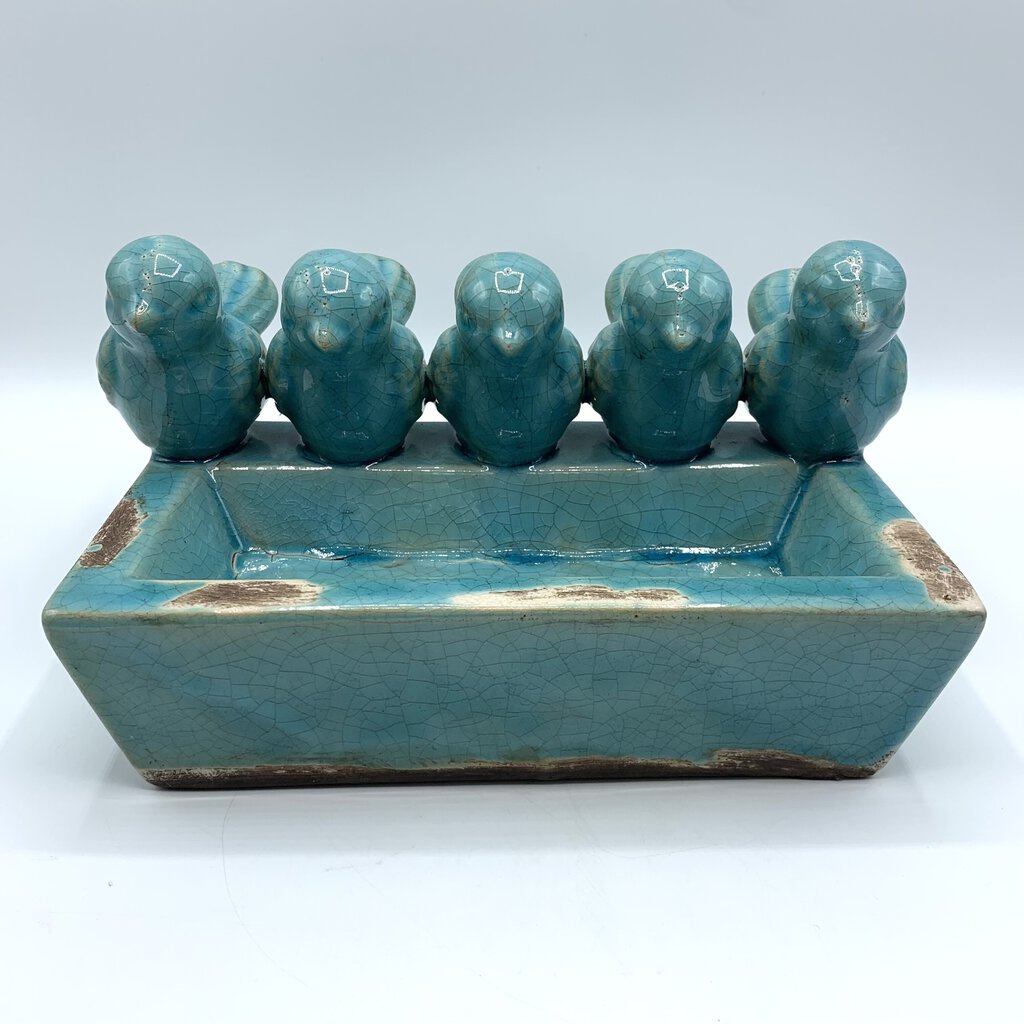 Turquoise Crackle Glaze Birds Shallow Planter/Tealight Holder/Catch-all Dish /hge