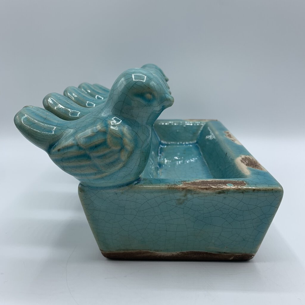 Turquoise Crackle Glaze Birds Shallow Planter/Tealight Holder/Catch-all Dish /hge