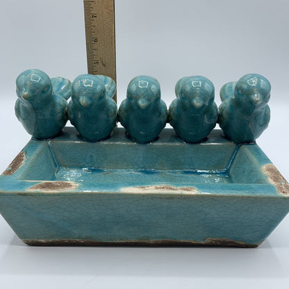 Turquoise Crackle Glaze Birds Shallow Planter/Tealight Holder/Catch-all Dish /hge