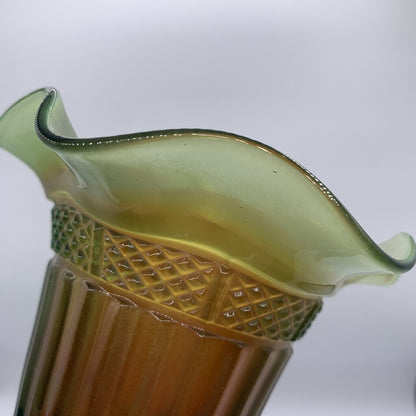 Antique NORTHWOOD Green Amber Carnival Glass Diamond Band Ruffled Hat /hge