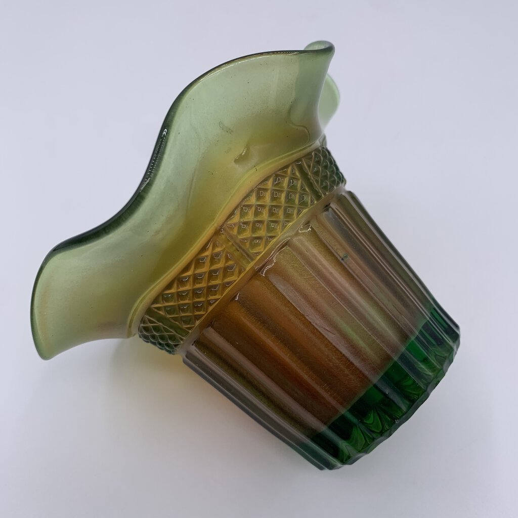 Antique NORTHWOOD Green Amber Carnival Glass Diamond Band Ruffled Hat /hge