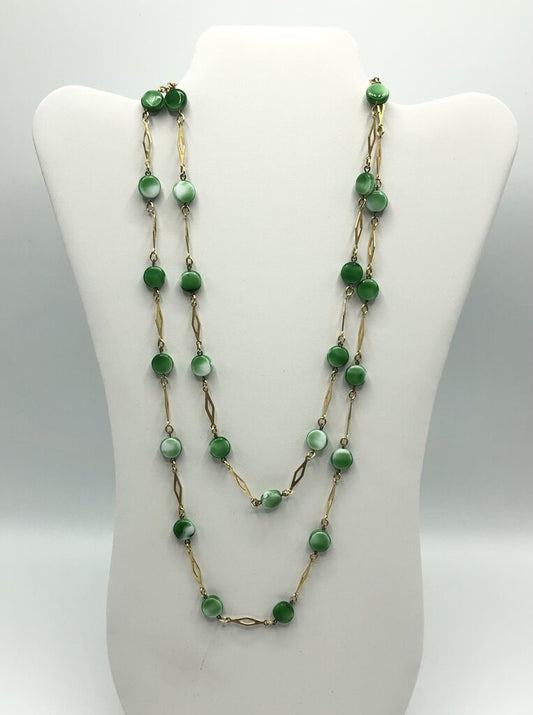 B/ Vintage Gold Tone & Green Bead Drape Necklace