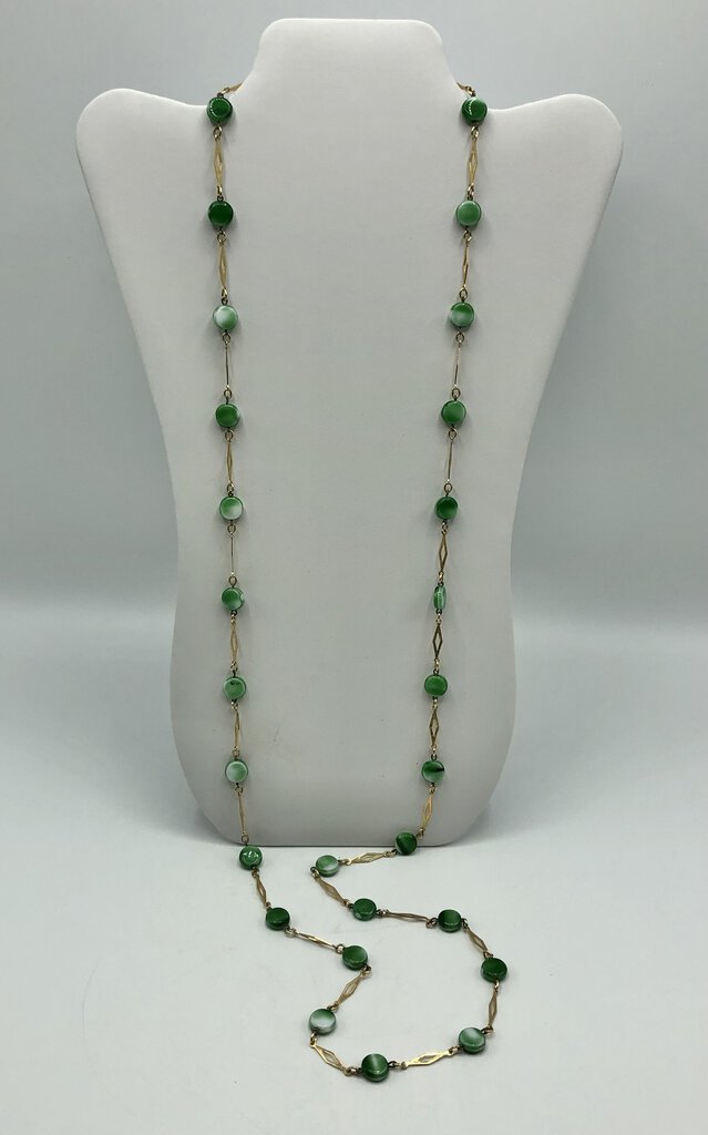 B/ Vintage Gold Tone & Green Bead Drape Necklace