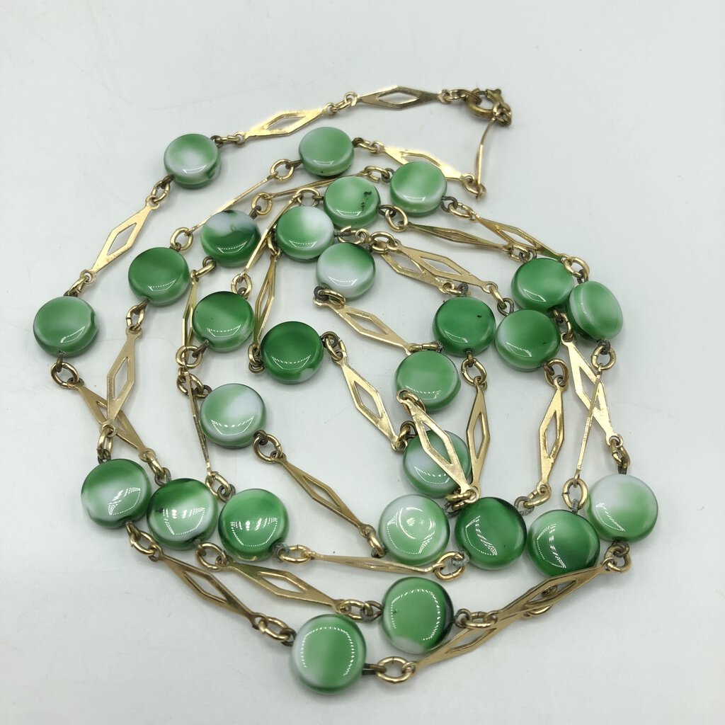 B/ Vintage Gold Tone & Green Bead Drape Necklace